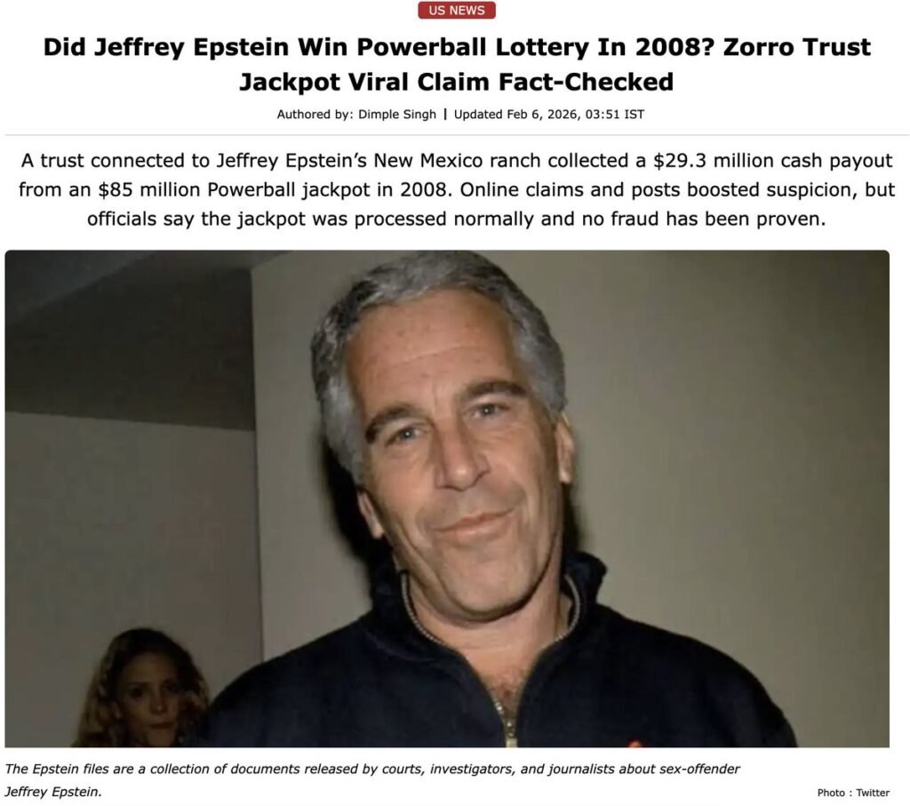 Jeffrey Epstein Powerball lottery 2008 mystery and Zorro Trust winner