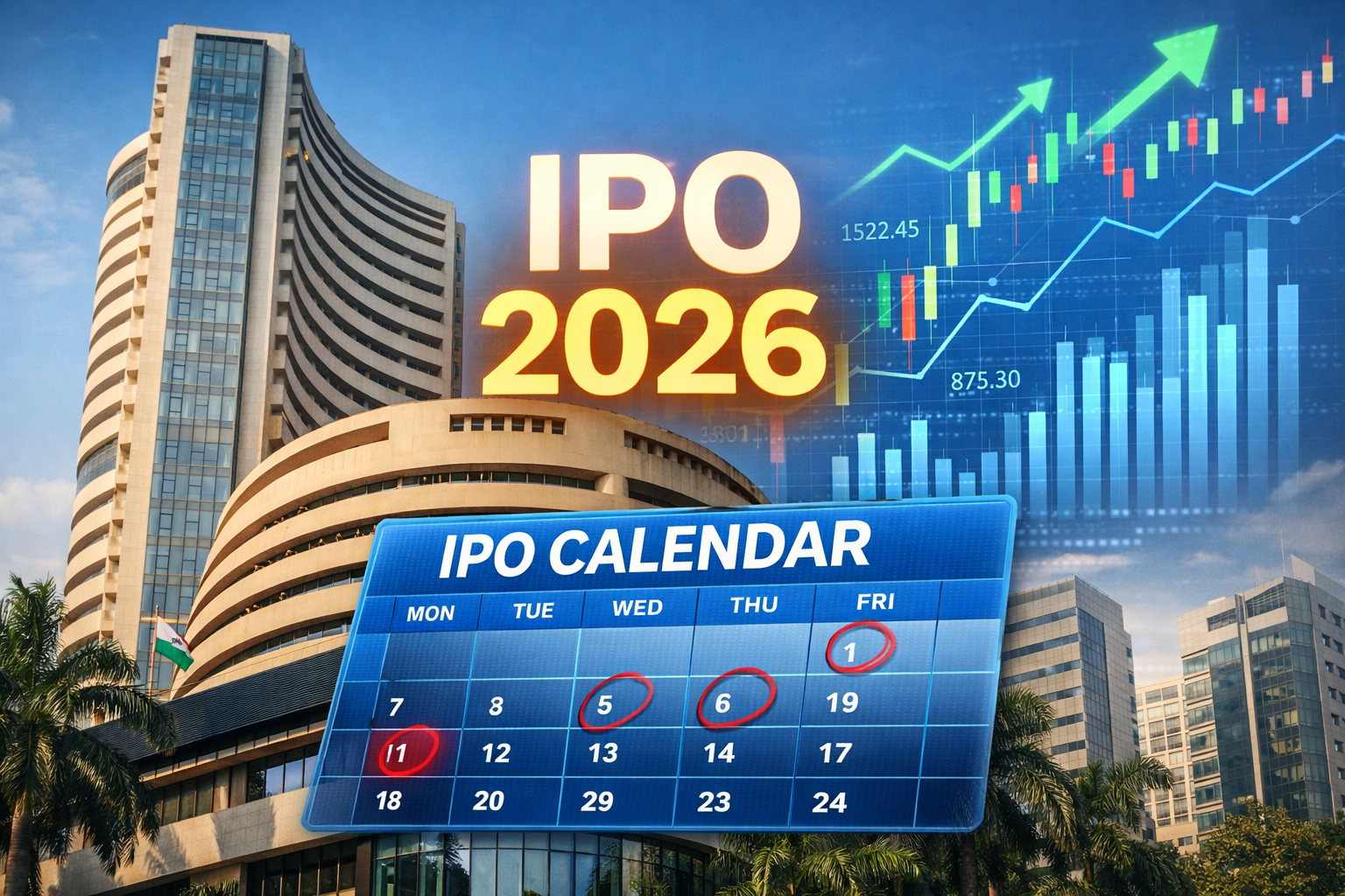 Upcoming IPOs in India 2026 calendar with stock market building background