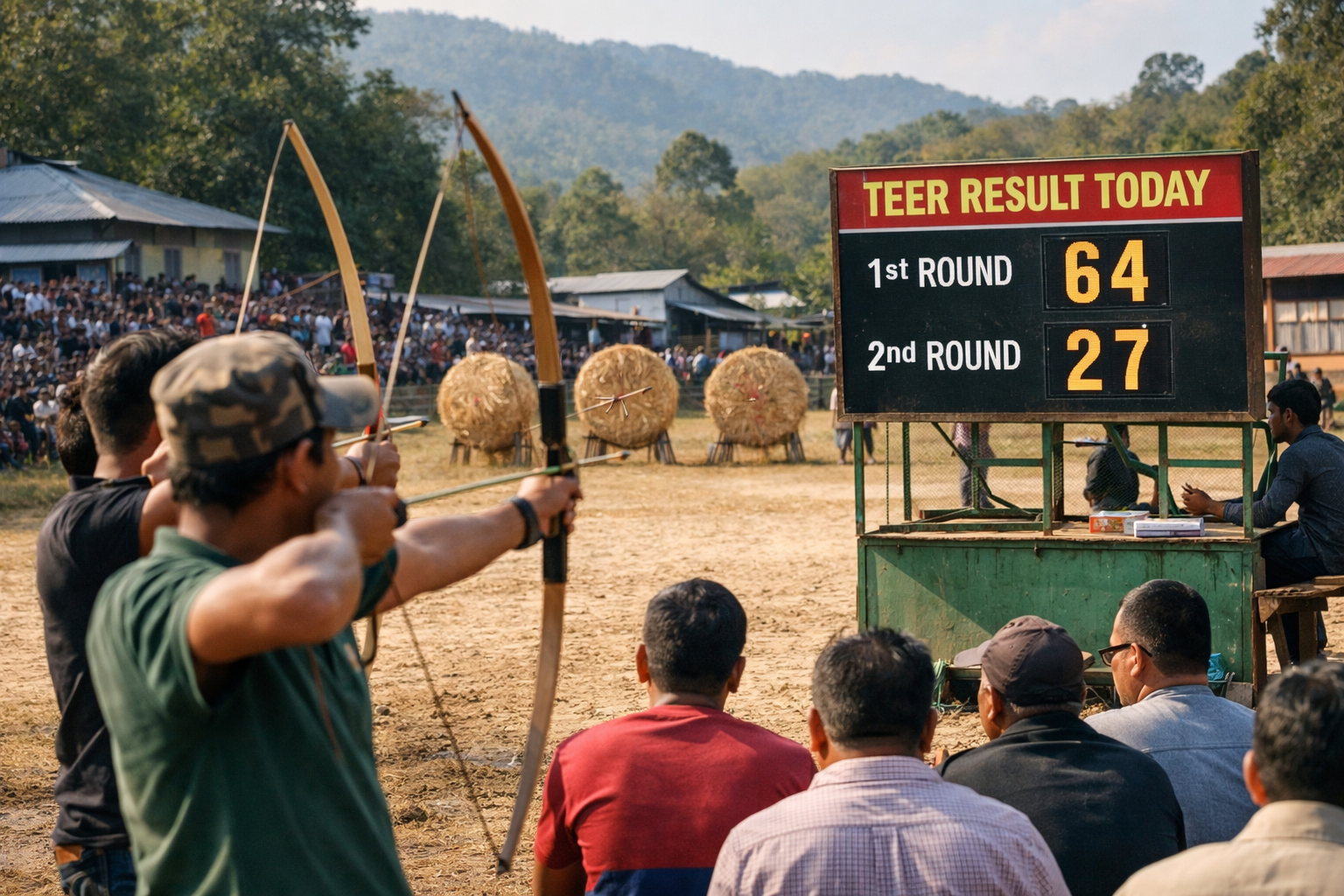 Jowai Ladrymbai Teer Result today with archers playing traditional teer game in Meghalaya