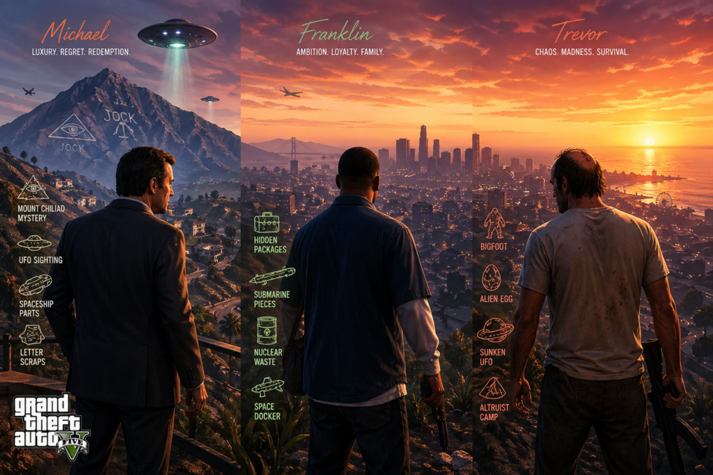 GTA V hidden details featuring Michael, Franklin, Trevor, Los Santos, Mount Chiliad, UFO, and secret collectibles
