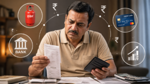 Concept: एक आम आदमी परेशान दिख रहा है, बैकग्राउंड में LPG सिलेंडर, बैंक, क्रेडिट कार्ड और पैसे के आइकन