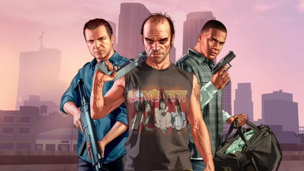 GTA V hidden details featuring Michael, Franklin, Trevor, Los Santos, Mount Chiliad, UFO, and secret collectibles